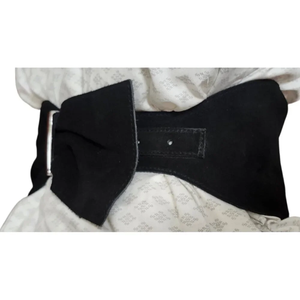 Armani Exchange XS/S Black Suede Leather Elastic Waist Belt Silver Hardware